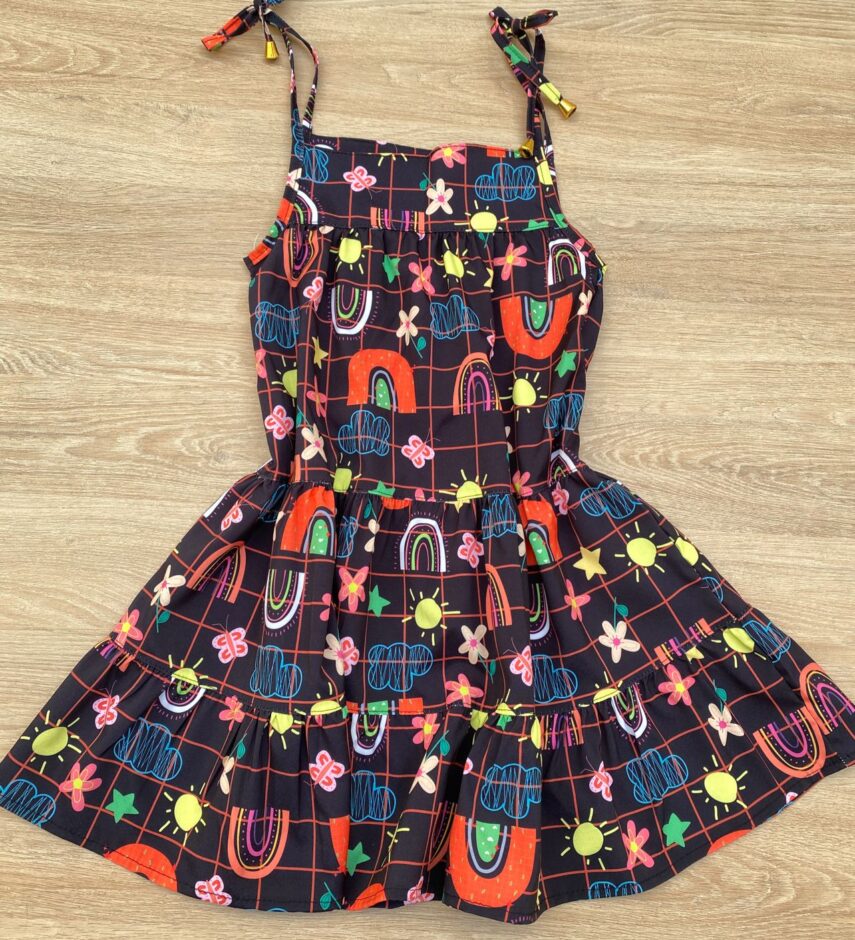 fernandaramoskids com br Vestido Infantil Feminino Alças com Amarração Estampado Preto 2