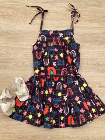 Vestido Infantil Feminino Alças com Amarração Estampado Preto Fernanda Ramos Kids
