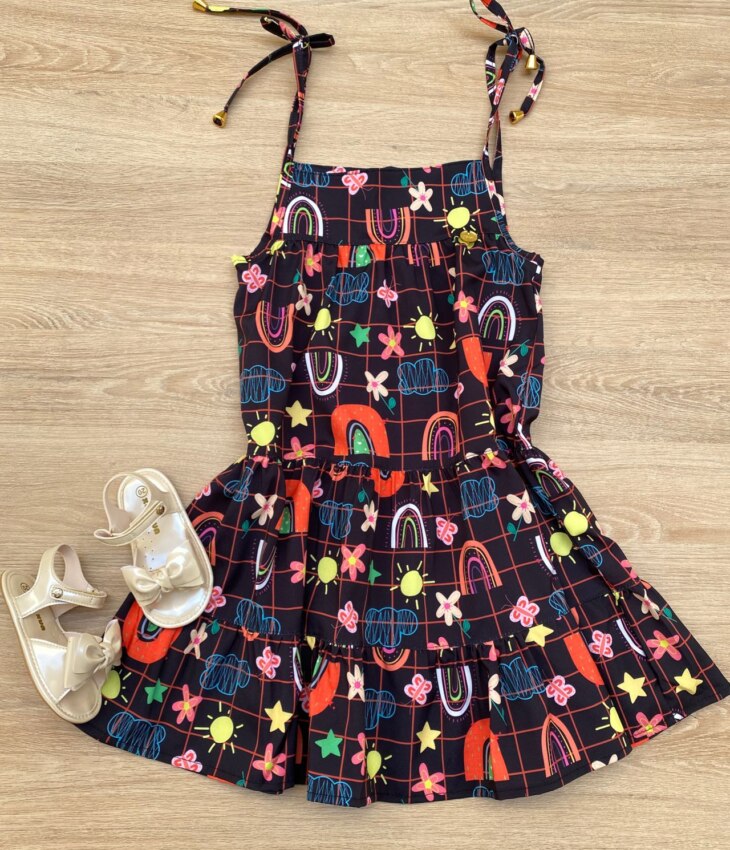 Vestido Infantil Feminino Alças com Amarração Estampado Preto Fernanda Ramos Kids