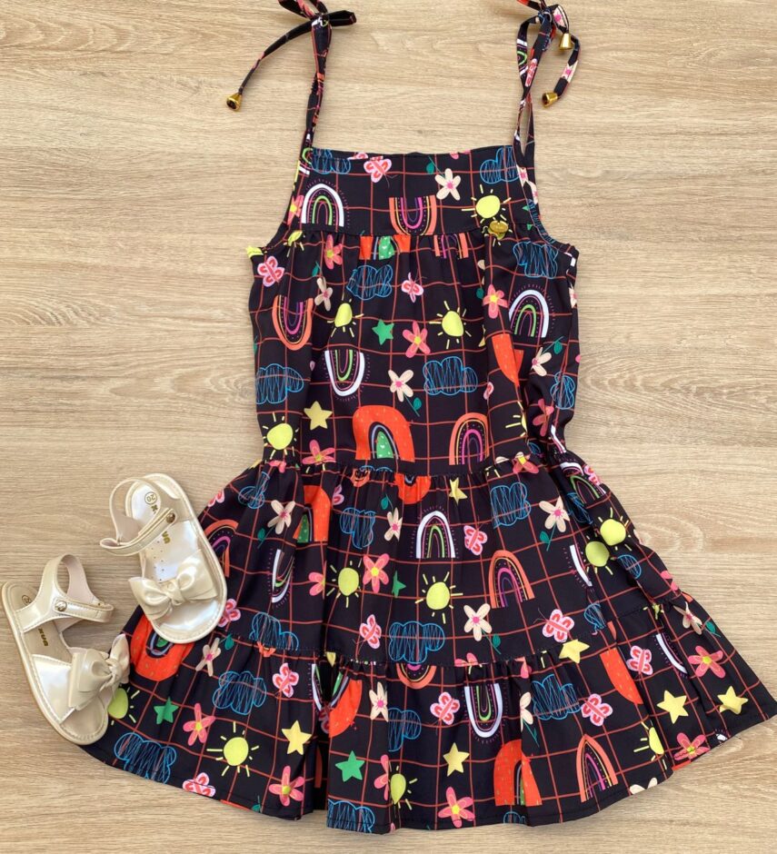 Vestido Infantil Feminino Alças com Amarração Estampado Preto Fernanda Ramos Kids