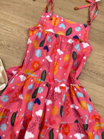 fernandaramoskids com br Vestido Infantil Feminino Alças com Amarração Estampado Rosa 1