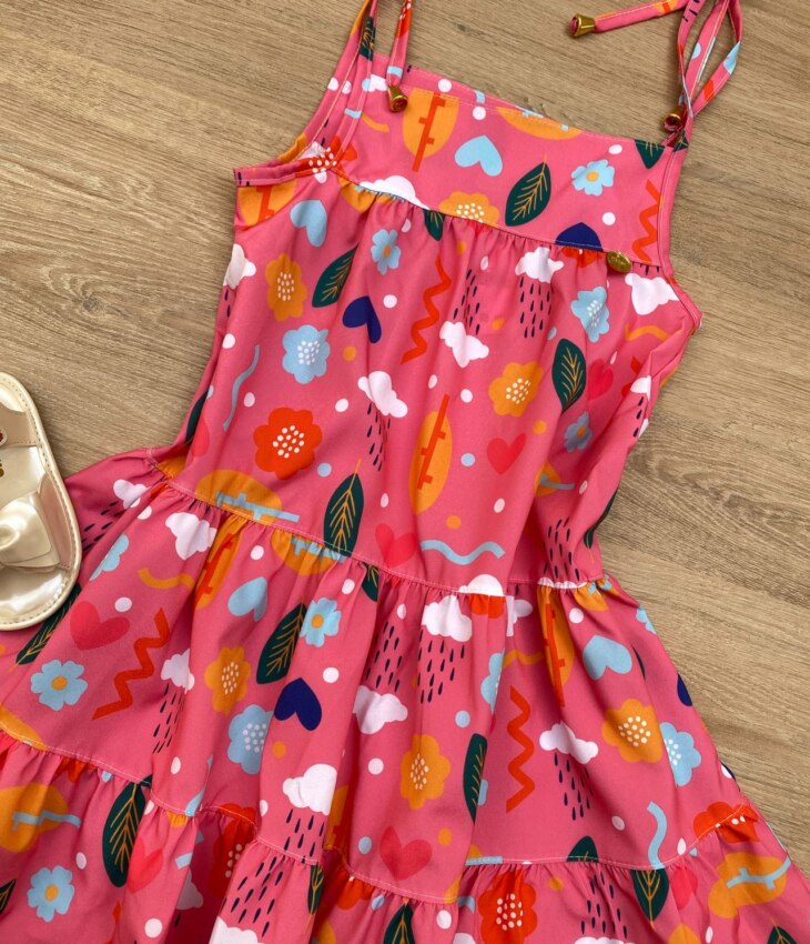 fernandaramoskids com br Vestido Infantil Feminino Alças com Amarração Estampado Rosa 1