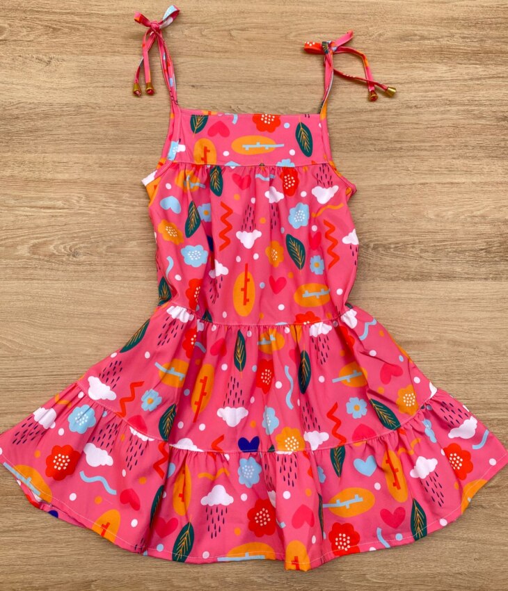 fernandaramoskids com br Vestido Infantil Feminino Alças com Amarração Estampado Rosa 2