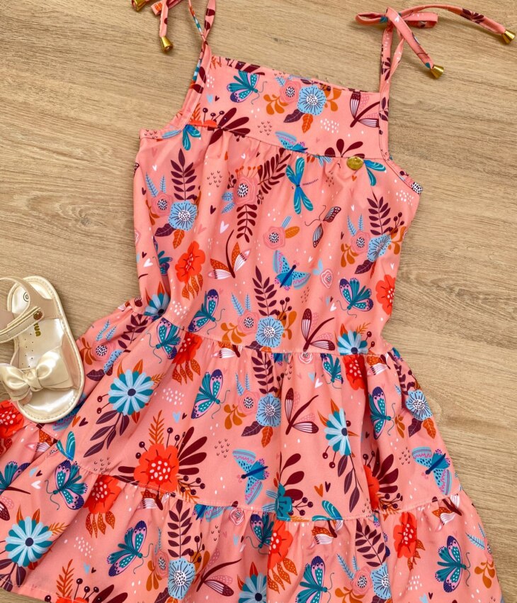 fernandaramoskids com br Vestido Infantil Feminino Alças com Amarração Estampado Salmão 1