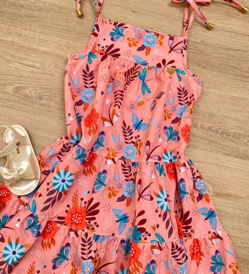 fernandaramoskids com br Vestido Infantil Feminino Alças com Amarração Estampado Salmão 1