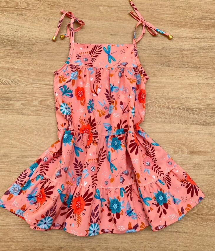 fernandaramoskids com br Vestido Infantil Feminino Alças com Amarração Estampado Salmão 2