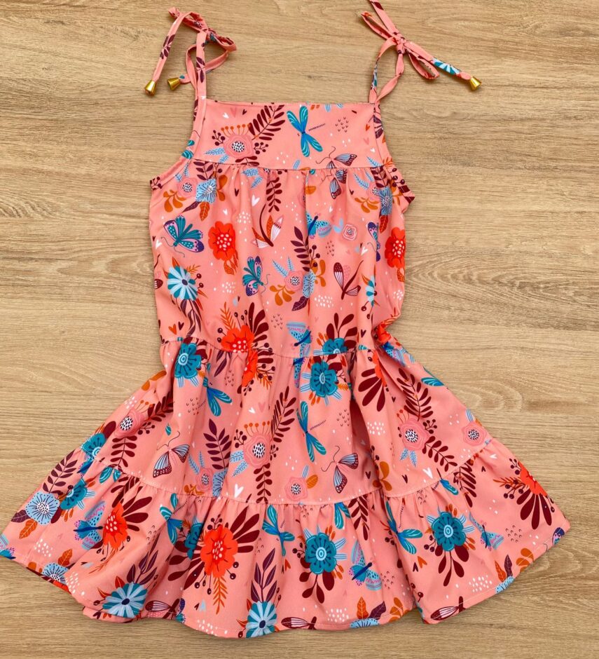 fernandaramoskids com br Vestido Infantil Feminino Alças com Amarração Estampado Salmão 2