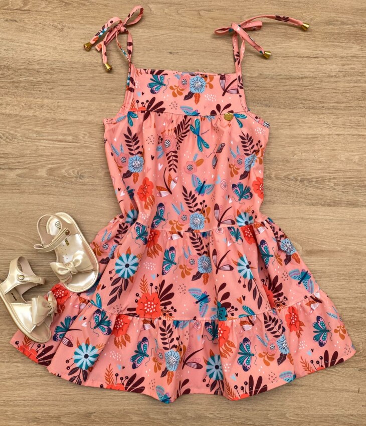Vestido Infantil Feminino Alças com Amarração Estampado Salmão Fernanda Ramos Kids