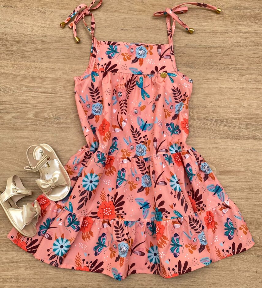 Vestido Infantil Feminino Alças com Amarração Estampado Salmão Fernanda Ramos Kids
