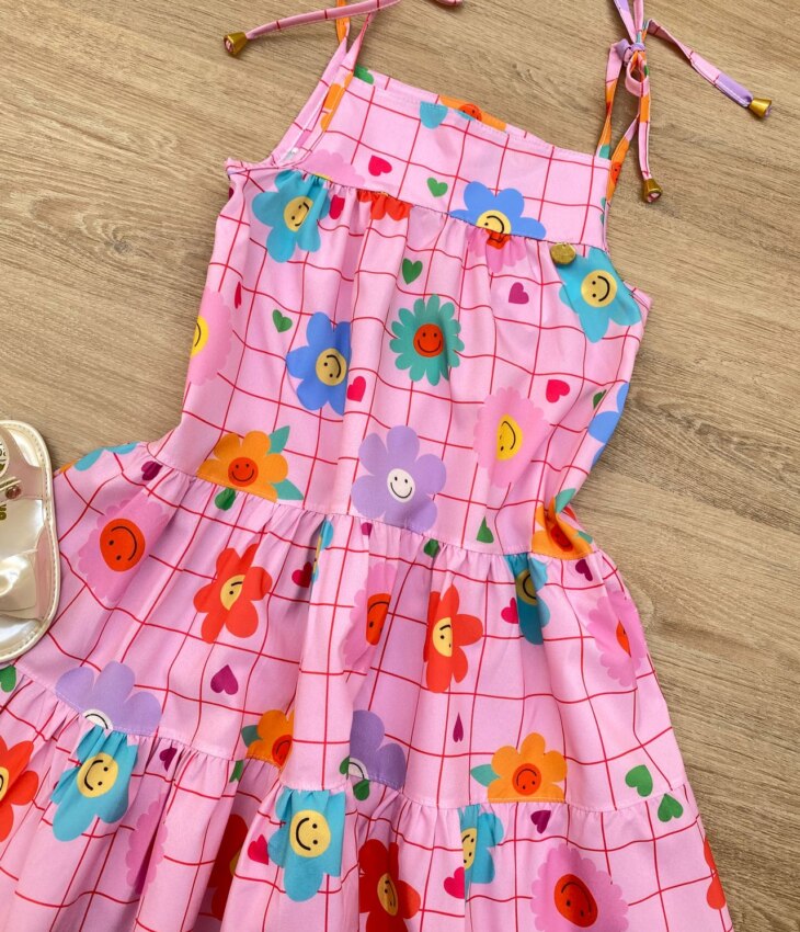 fernandaramoskids com br Vestido Infantil Feminino Alças com Amarração Florzinhas Rosa 1