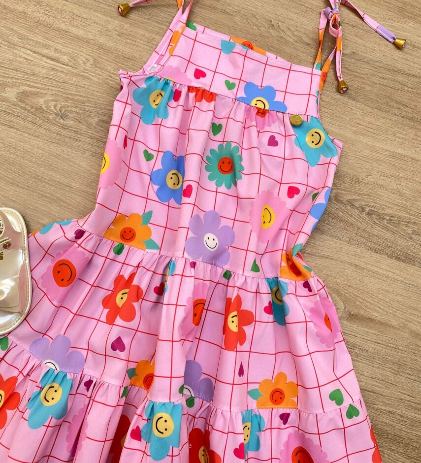fernandaramoskids com br Vestido Infantil Feminino Alças com Amarração Florzinhas Rosa 1
