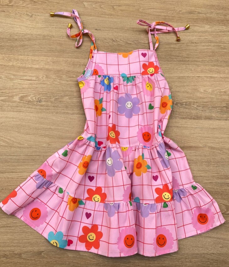 fernandaramoskids com br Vestido Infantil Feminino Alças com Amarração Florzinhas Rosa 2
