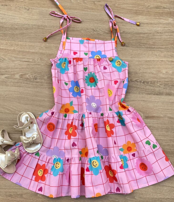 Vestido Infantil Feminino Alças com Amarração Florzinhas Rosa Fernanda Ramos Kids