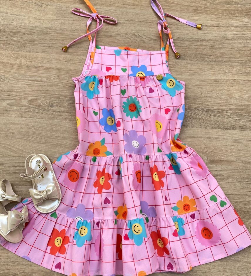 Vestido Infantil Feminino Alças com Amarração Florzinhas Rosa Fernanda Ramos Kids