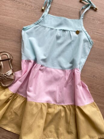 fernandaramoskids com br Vestido Infantil Feminino Alças com Amarração Verde, Rosa e Bege 1