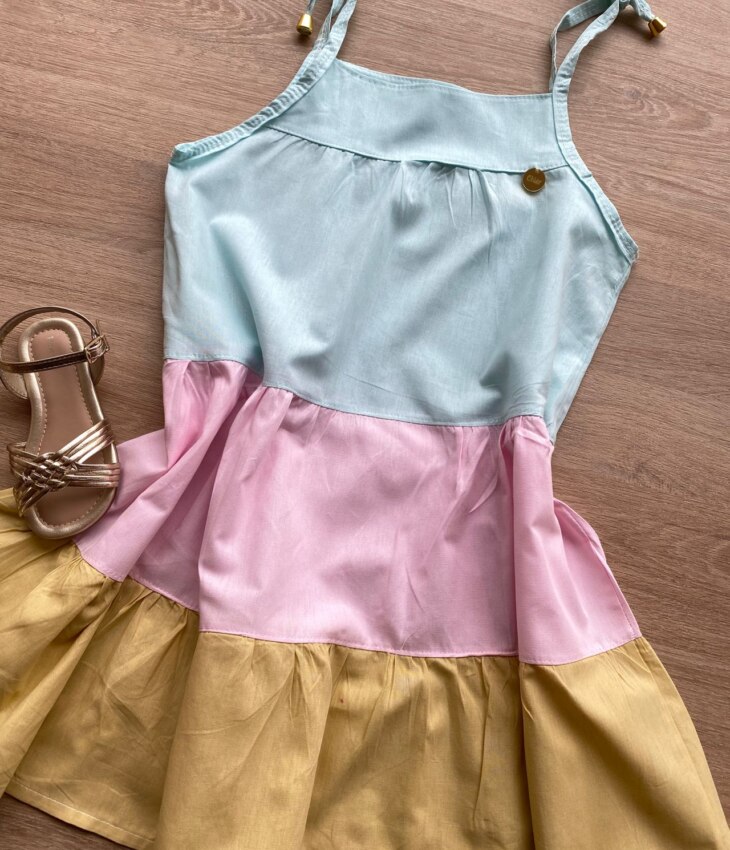 fernandaramoskids com br Vestido Infantil Feminino Alças com Amarração Verde, Rosa e Bege 1