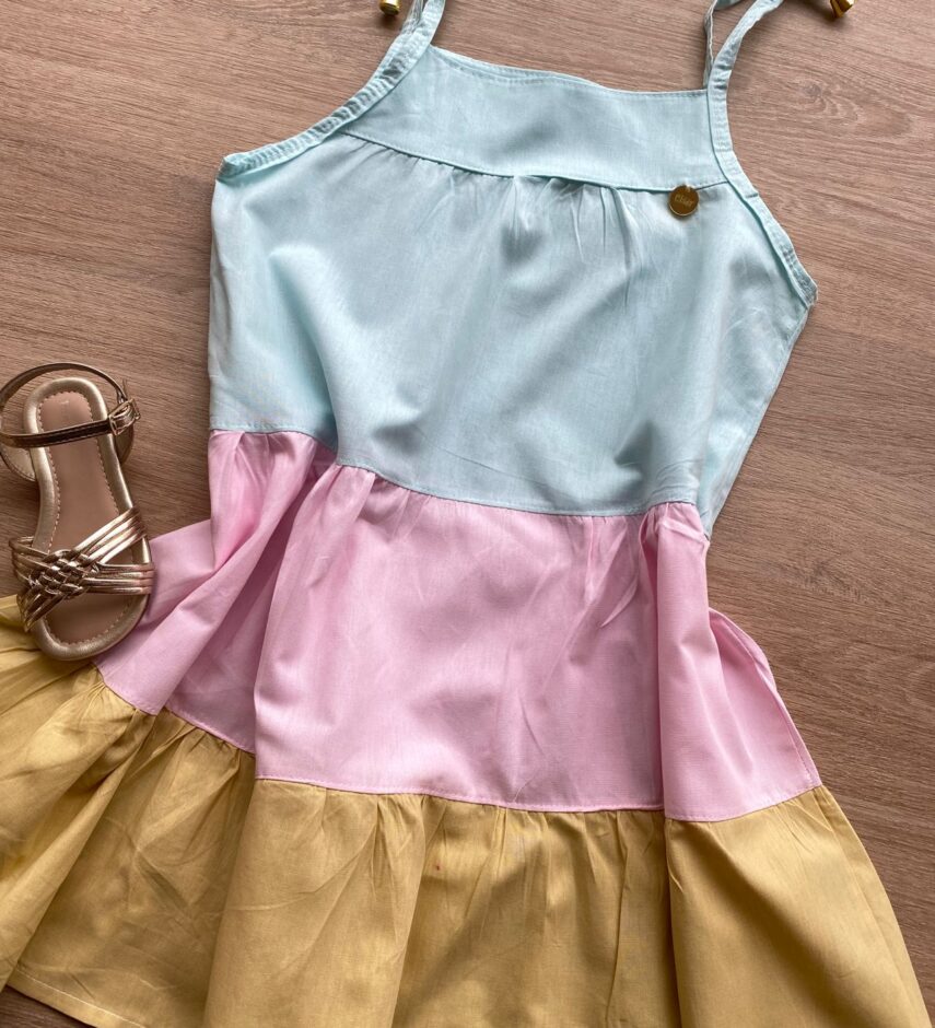 fernandaramoskids com br Vestido Infantil Feminino Alças com Amarração Verde, Rosa e Bege 1