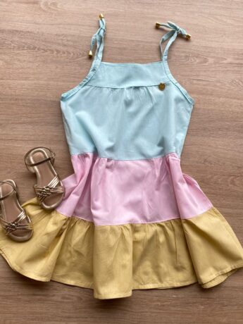 Vestido Infantil Feminino Alças com Amarração Verde, Rosa e Bege Fernanda Ramos Kids