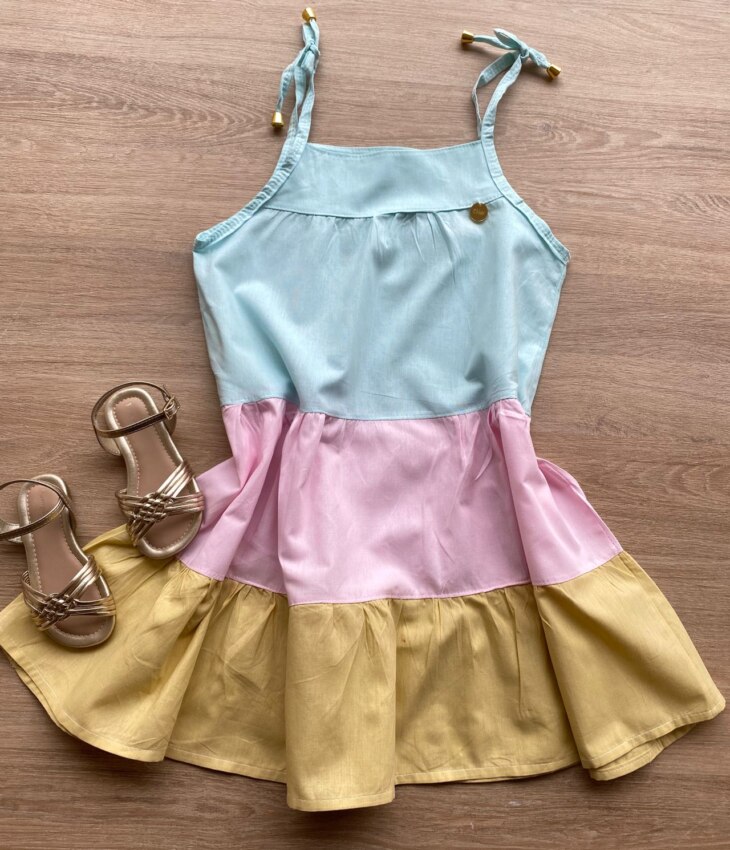 Vestido Infantil Feminino Alças com Amarração Verde, Rosa e Bege Fernanda Ramos Kids