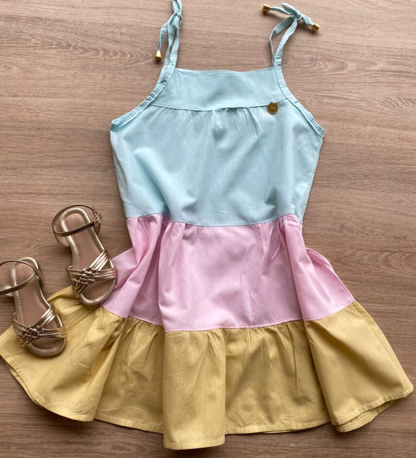 Vestido Infantil Feminino Alças com Amarração Verde, Rosa e Bege Fernanda Ramos Kids