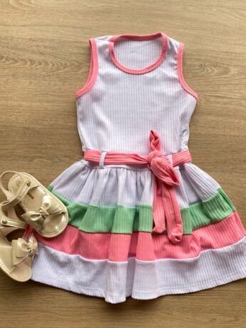 Vestido Infantil Feminino Canelado com Amarração Branco Fernanda Ramos Kids