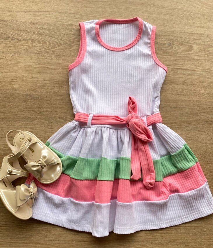Vestido Infantil Feminino Canelado com Amarração Branco Fernanda Ramos Kids