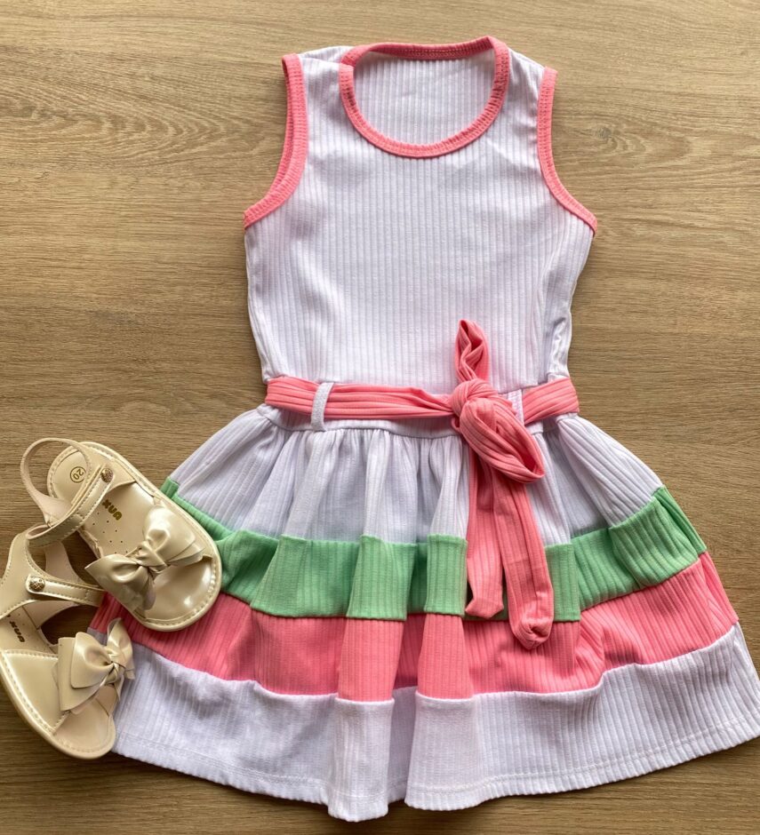 Vestido Infantil Feminino Canelado com Amarração Branco Fernanda Ramos Kids