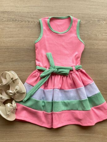 Vestido Infantil Feminino Canelado com Amarração Rosa Fernanda Ramos Kids