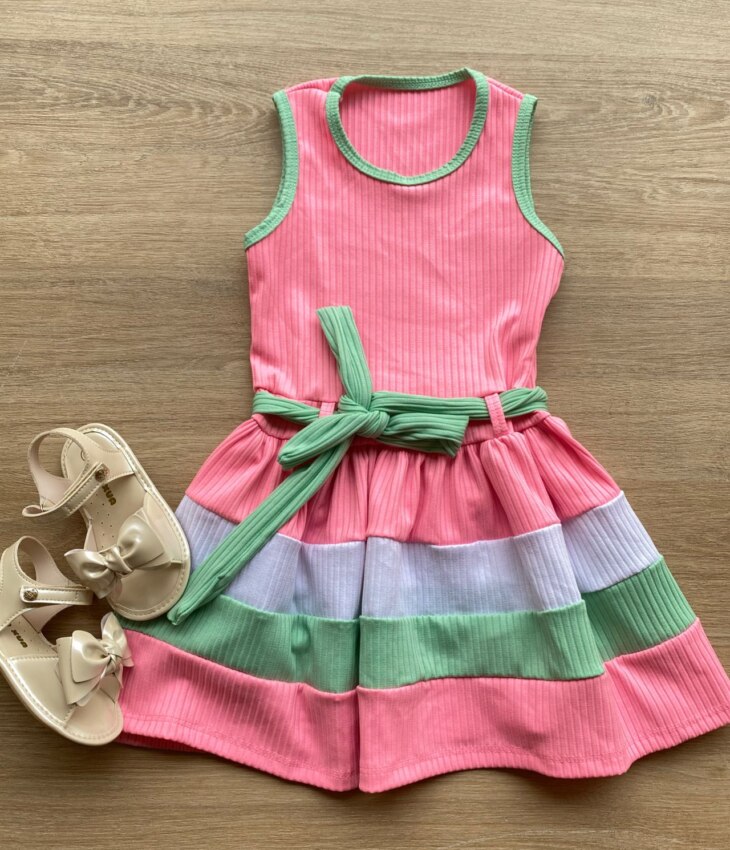 Vestido Infantil Feminino Canelado com Amarração Rosa Fernanda Ramos Kids