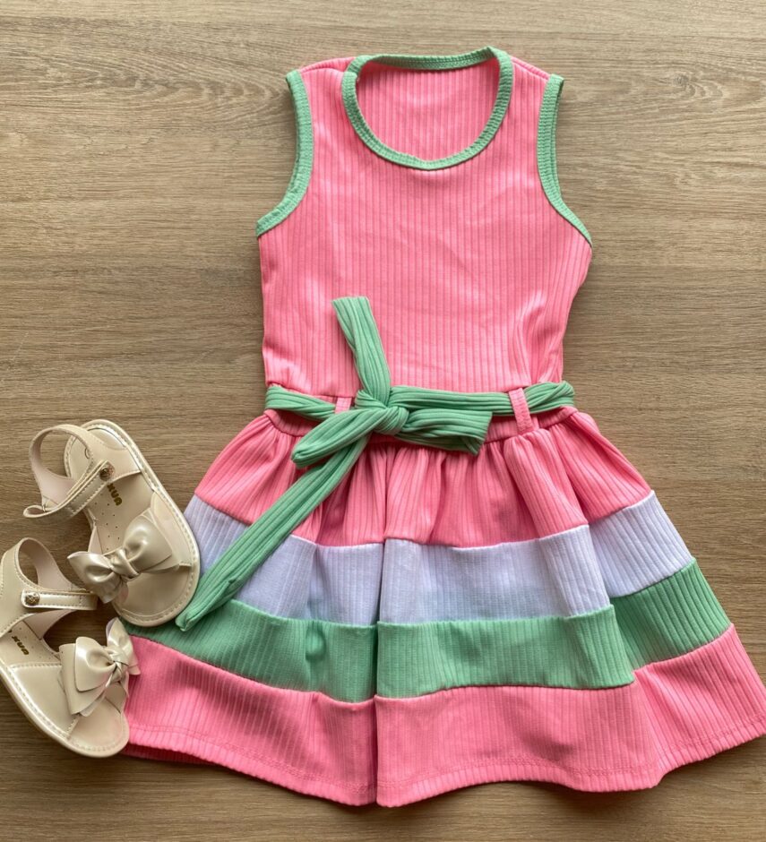 Vestido Infantil Feminino Canelado com Amarração Rosa Fernanda Ramos Kids