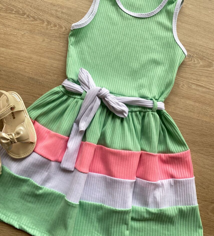 fernandaramoskids com br Vestido Infantil Feminino Canelado com Amarração Verde 1