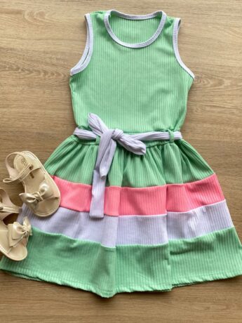 Vestido Infantil Feminino Canelado com Amarração Verde Fernanda Ramos Kids