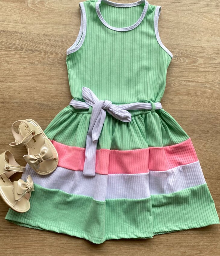 Vestido Infantil Feminino Canelado com Amarração Verde Fernanda Ramos Kids