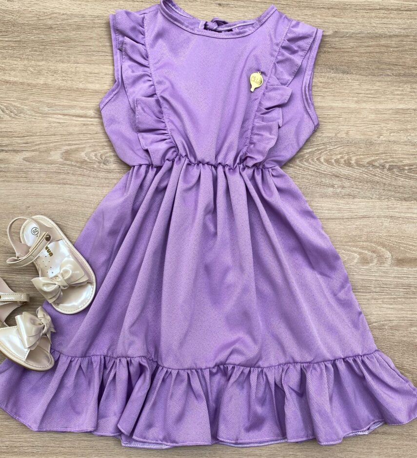 Vestido Infantil Feminino com Babado e Amarração Lilás Fernanda Ramos Kids