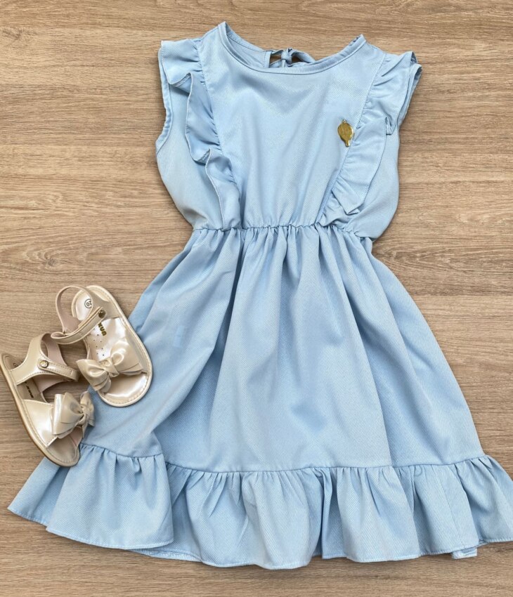 Vestido Infantil Feminino com Babado e Amarração Azul Fernanda Ramos Kids