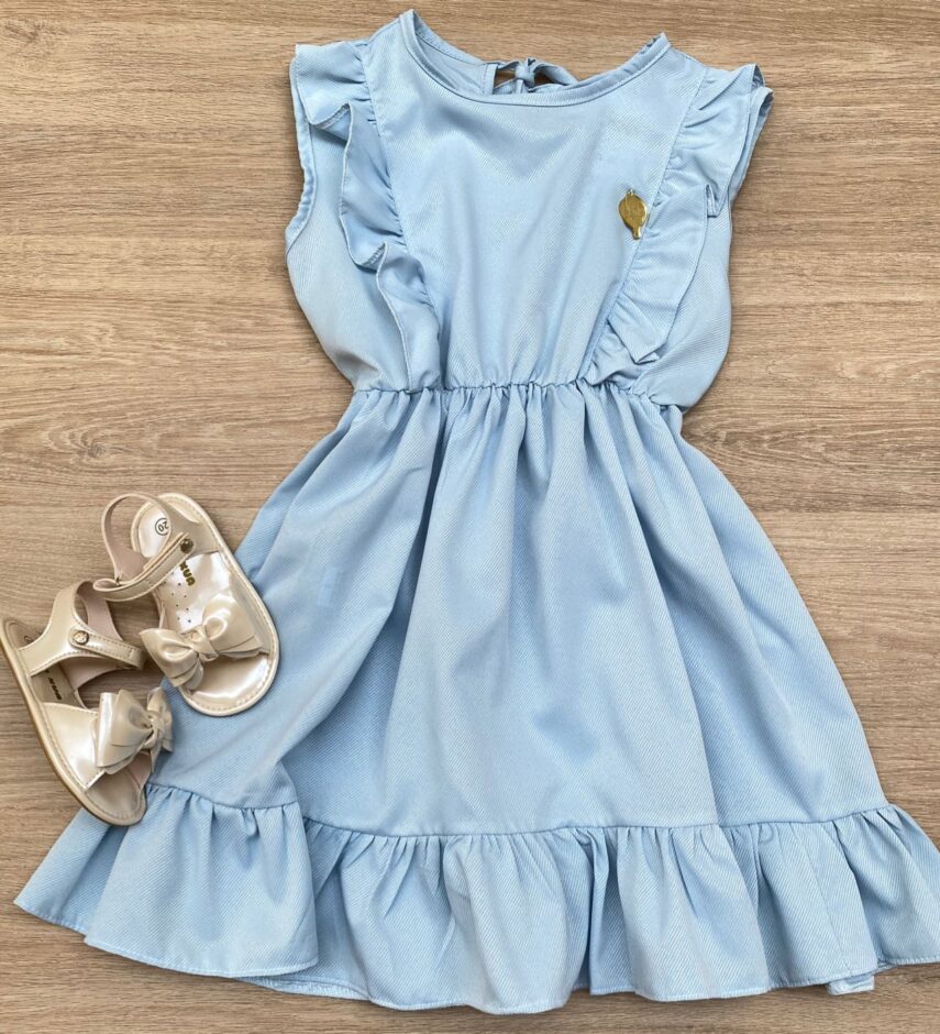 Vestido Infantil Feminino com Babado e Amarração Azul Fernanda Ramos Kids