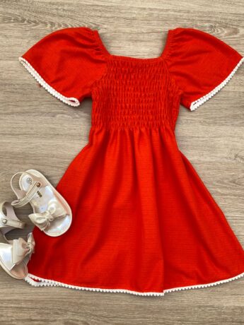 Vestido Infantil Feminino com Lastex Laranja Vibrante Fernanda Ramos Kids