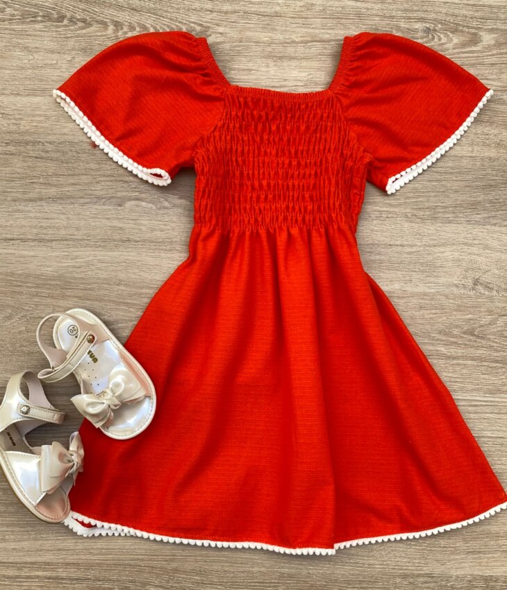 Vestido Infantil Feminino com Lastex Laranja Vibrante Fernanda Ramos Kids
