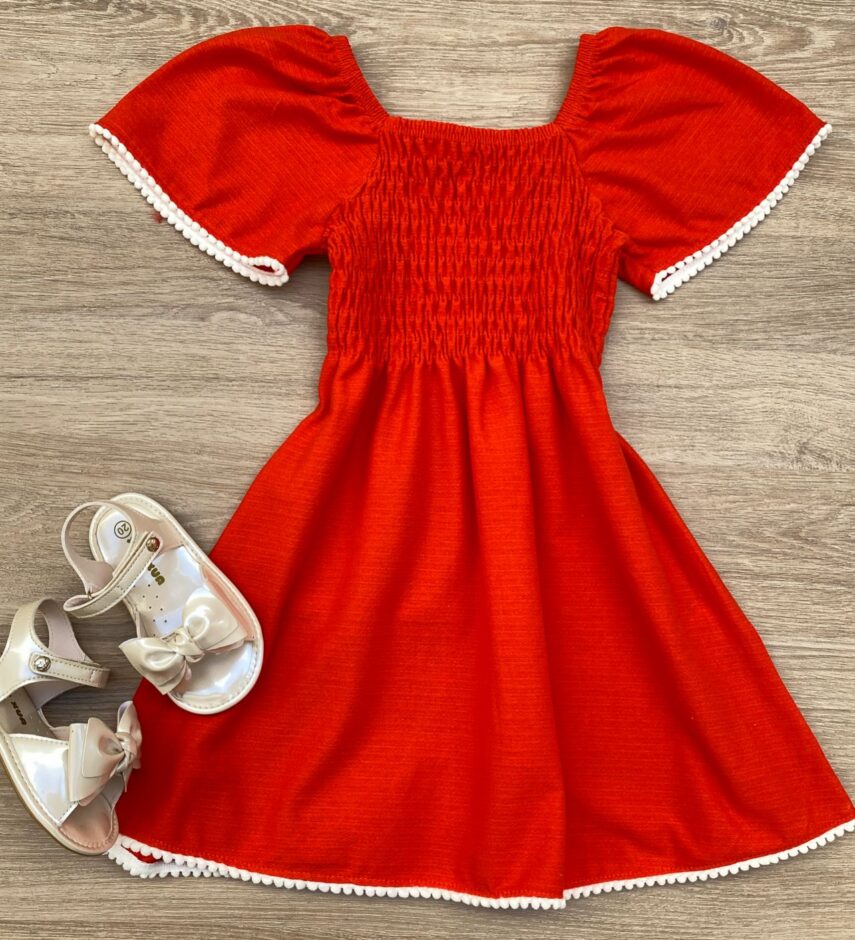 Vestido Infantil Feminino com Lastex Laranja Vibrante Fernanda Ramos Kids
