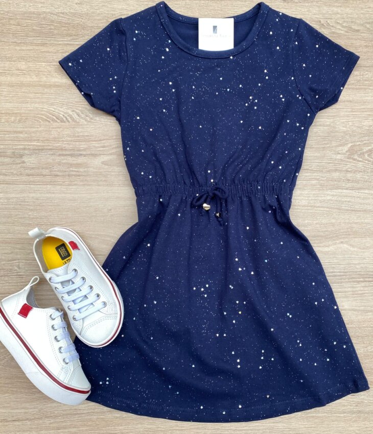 Vestido Infantil Feminino Cotton com Amarração Azul Marinho Fernanda Ramos Store