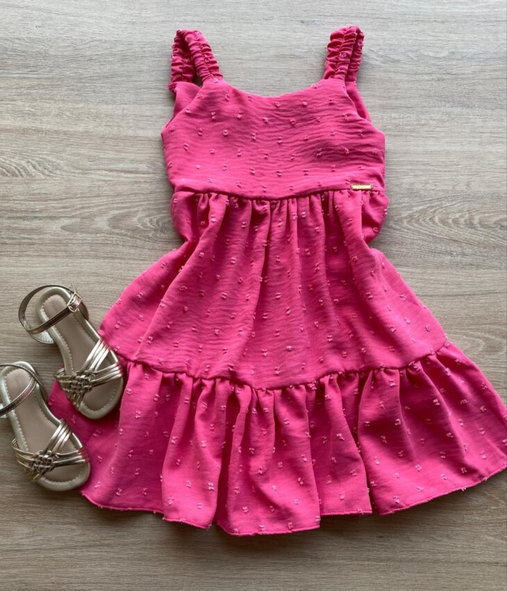 Vestido Infantil Feminino Curto Amarração Atrás Pipoquinha Rosa Fernanda Ramos Kids