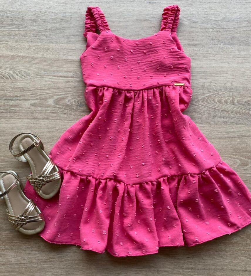Vestido Infantil Feminino Curto Amarração Atrás Pipoquinha Rosa Fernanda Ramos Kids