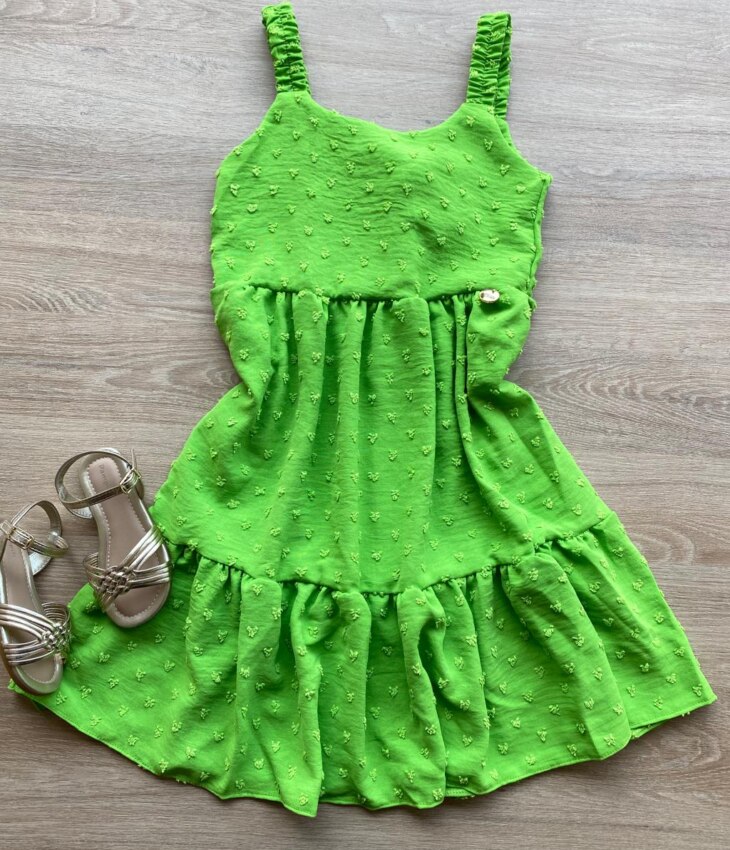 Vestido Infantil Feminino Curto Amarração Atrás Pipoquinha Verde Fernanda Ramos Kids