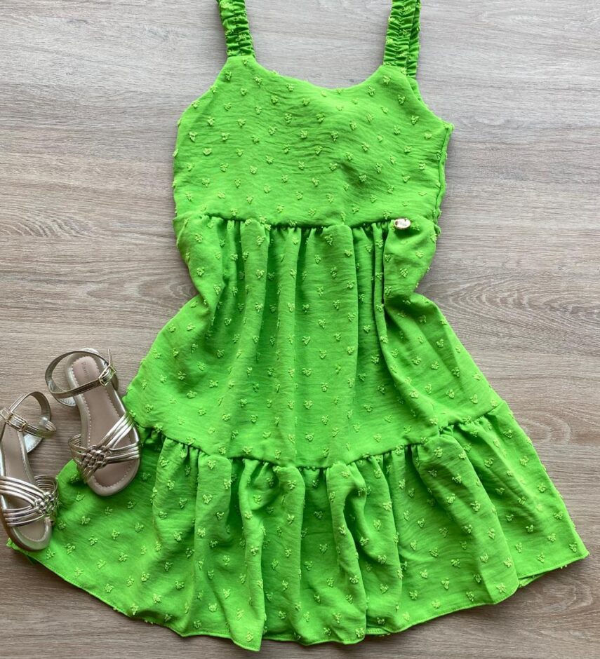 Vestido Infantil Feminino Curto Amarração Atrás Pipoquinha Verde Fernanda Ramos Kids