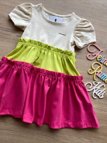 fernandaramoskids com br Vestido Infantil Feminino Curto Bege, Verde e Pink 1