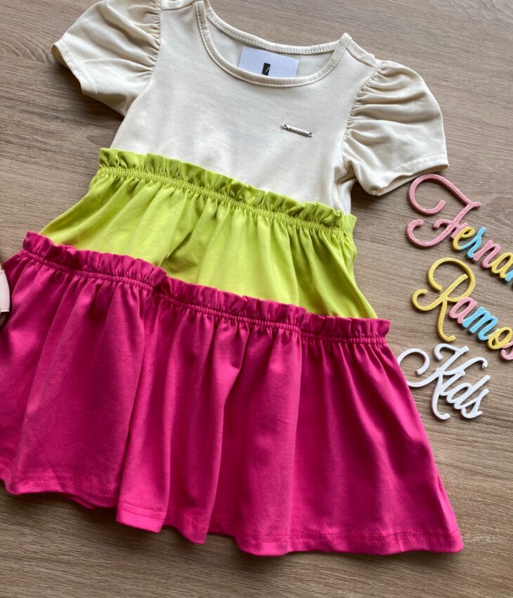 fernandaramoskids com br Vestido Infantil Feminino Curto Bege, Verde e Pink 1