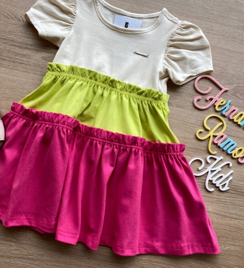 fernandaramoskids com br Vestido Infantil Feminino Curto Bege, Verde e Pink 1