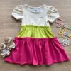 Vestido Infantil Feminino Curto Bege, Verde e Pink Fernanda Ramos Kids