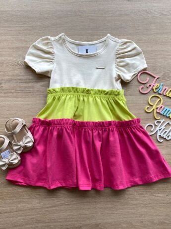 Vestido Infantil Feminino Curto Bege, Verde e Pink Fernanda Ramos Kids