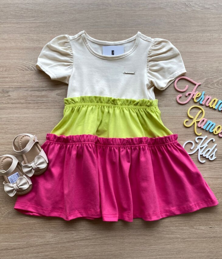 Vestido Infantil Feminino Curto Bege, Verde e Pink Fernanda Ramos Kids